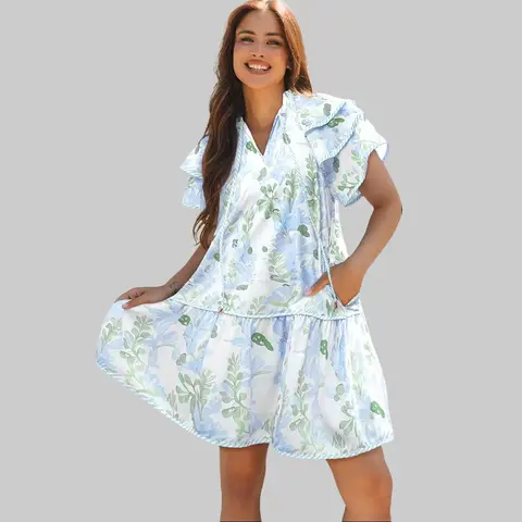 Women's Plus Size Curvy Casual Mini Dress - 3X-4X, Light Short Sleeves (Keep Arms Cool & Free), Floral Print, Contrast Binding, Layered Ruffled Fabric, Frill Collar, Contrast Ribbons, Striped Detail, Brunch-Date Chic, Mini Dress Flair