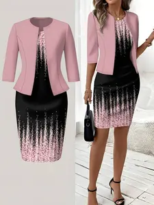 Women's Printed Knit Cardigan Set, Elegant Knee-Length Dress, Cute Half-Sleeve Top, Perfect for Wedding Guests, Office Wear, Spring & Fall