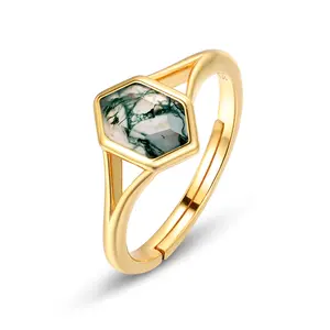 Wholesale Custom Women Hexagon Natural Moss Agate Ring Vintage Simple  Moss Agate Silver Rings Valentine Gift for Girlfriend mossagate jewelry