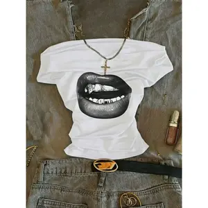 Women's Off Shoulder Crop Top, Y2K Grunge Chic Style Lip Print Short Sleeve T-Shirt, Casual Streetwear For Summer Daily Wear