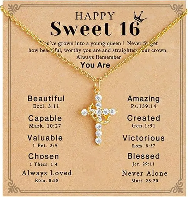 Crown Cross Necklace for Daughter, Gold-Tone Stainless Steel Jewelry with Cubic Zirconia, Exquisite Jewelry Gift for Sweet 16 Birthday, Cross Chain Design
