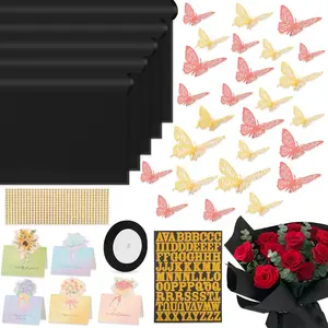 52 count Flower Bouquet Wrapping Paper Accessories Kit, 20 Sheets Black  Floral Wrapping Paper, 12  12 Pink Butterflies, 5 Cards, 1 Black Ribbon, 1 Letter 1 Rhinestone Sticker (Black Edge)