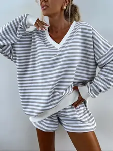 Women's Striped Print Drop Shoulder Tee & Elastic Waist Shorts Two-piece Set, Casual Fashion Cozy Breathable Soft Fabric Two Piece Outfits for Daily Outdoor Wear, Women Clothes for Spring & Fall