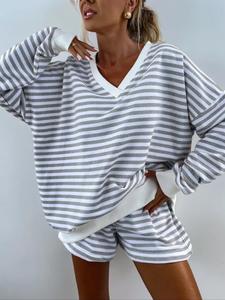 women's striped print drop shoulder tee & elastic waist shorts two-piece set, casual fashion cozy breathable two piece outfits for daily outdoor wear, vacation sets, outfit sets for women, women clothes for spring & fall