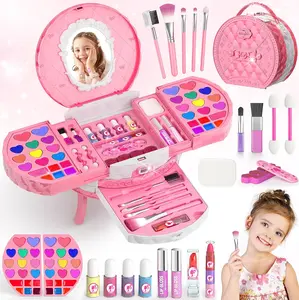 Mother Day Gift Kids Makeup Kit for Girl, 59 Pcs Washable Real Cosmetic Set with Mirror, Non-Toxic Kids Makeup Set, Toddler Nail Polish Kit, Princess Makeup Toys & Birthday Gifts for 3-12 Years Old (Pink)