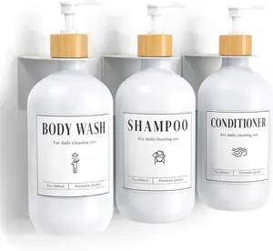 Shampoo and Conditioner Dispenser, Shower Soap Dispenser Wall Mounted 3 Sets Plastic Bottles Bamboo Pump, 17OZ Shampoo and Conditioner Bottles for Bathroom, Shower Wall and Hotel, White