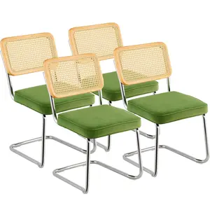 【fathersdaygift】VEVOR Rattan Dining Chairs Set of 4, Mid Century Modern Dining Chair, Upholstered Velvet Accent Chair with Rattan Back, Retro Dining Room Kitchen Chair for Living Room, Bedroom, Office (18.1 Inch)