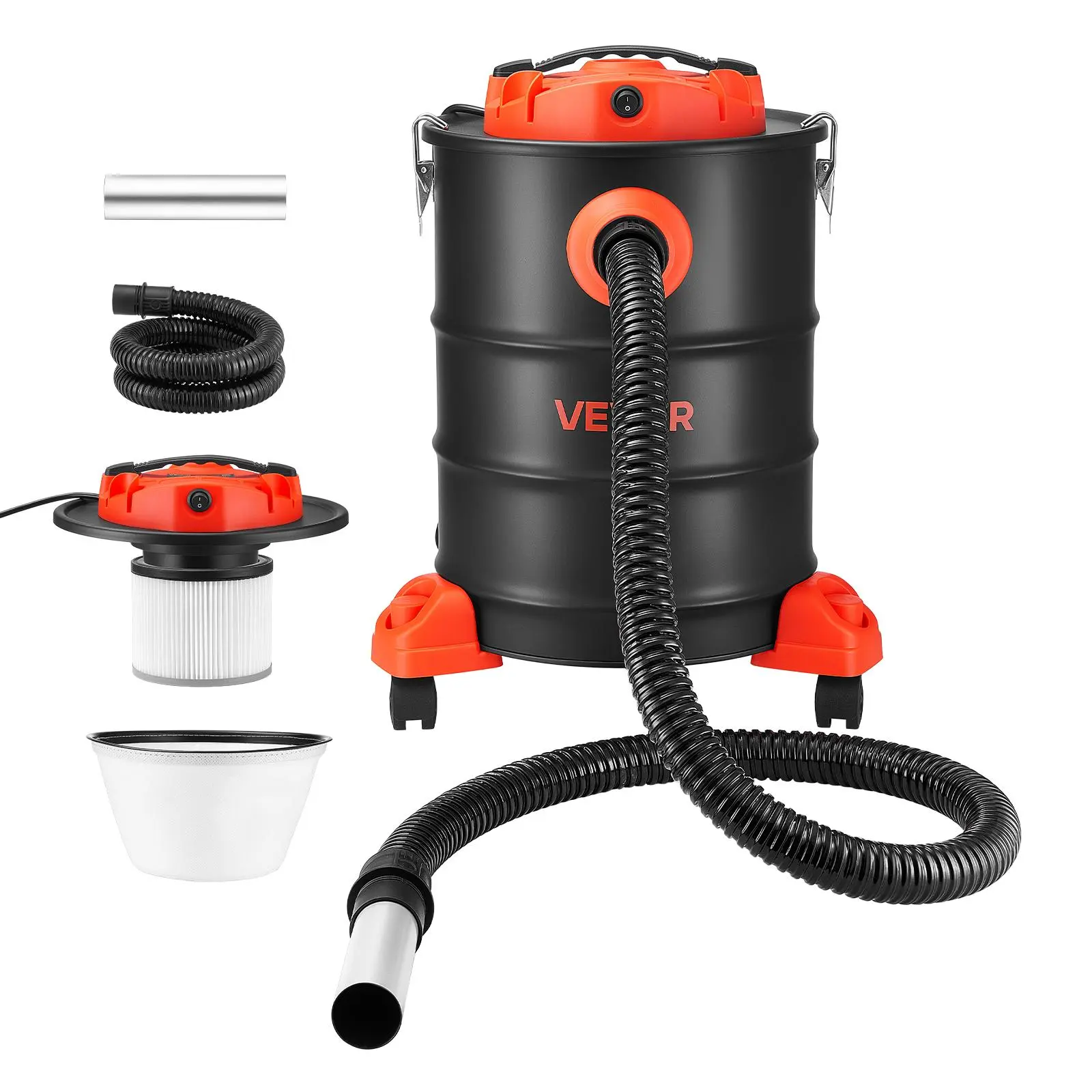 VEVOR Ash Vacuum 6 Gallon, 1200W Powerful Fireplace Cleaner with Casters, for Fireplaces, Pellet Stoves, Wood Stoves, Fire Pits, Grills, Steel Body, Double Stage Filtration, 5 FT Hose, Black & Orange
