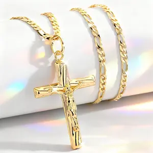 14K Gold Plated Jesus Crucifix Cross Necklace for Men & Women Figaro Link Chain Classic Christian Religious Jewelry Ideal Christmas Prayer Gift