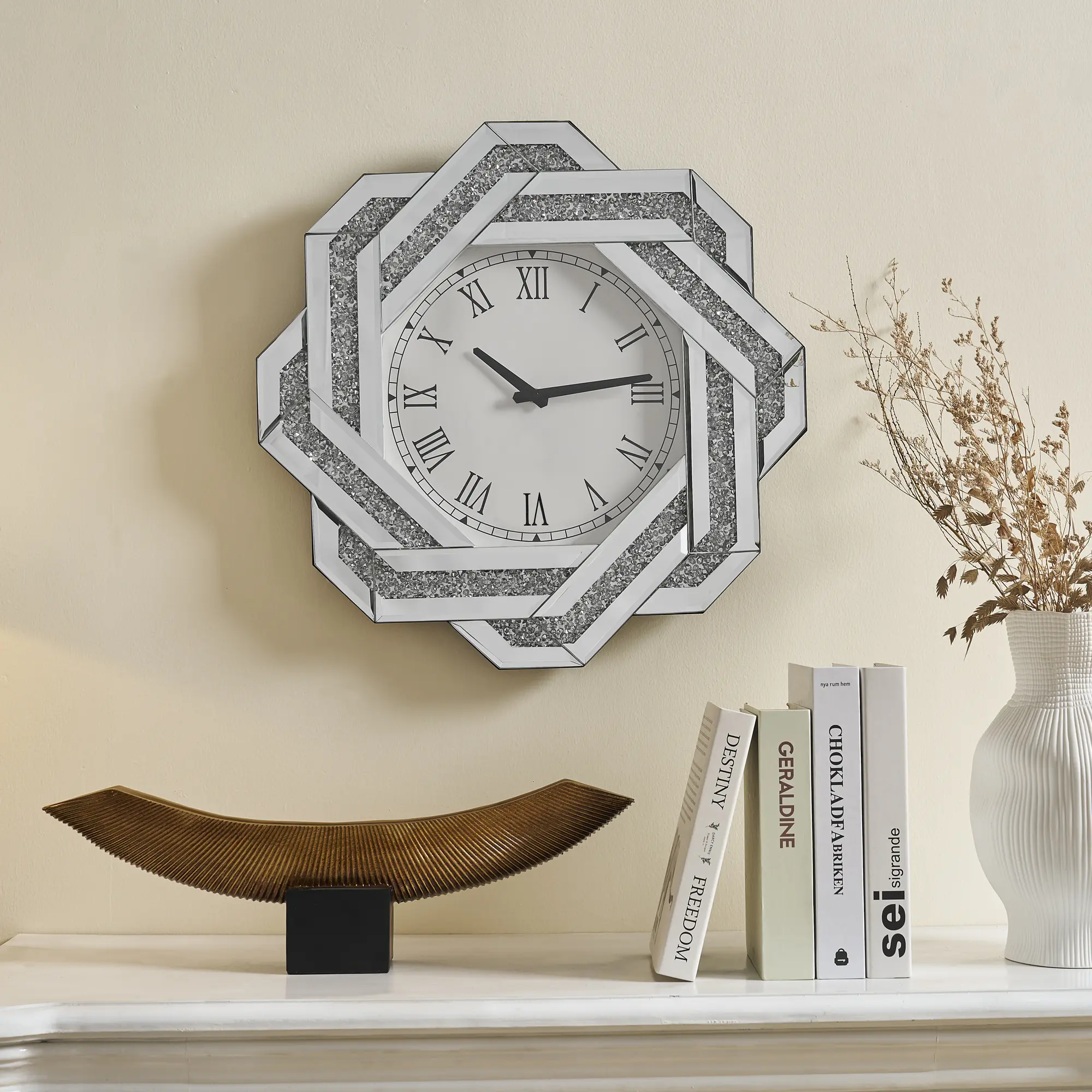 20" Large Wall Clock, Silver Mirrored Wall Clock with Roman Numerals, Crushed Diamond Mirrored Wall Clock,Elegant Beveled Glass Frame Wall Clocks Decor for Living Room, Bedroom & Dining Room