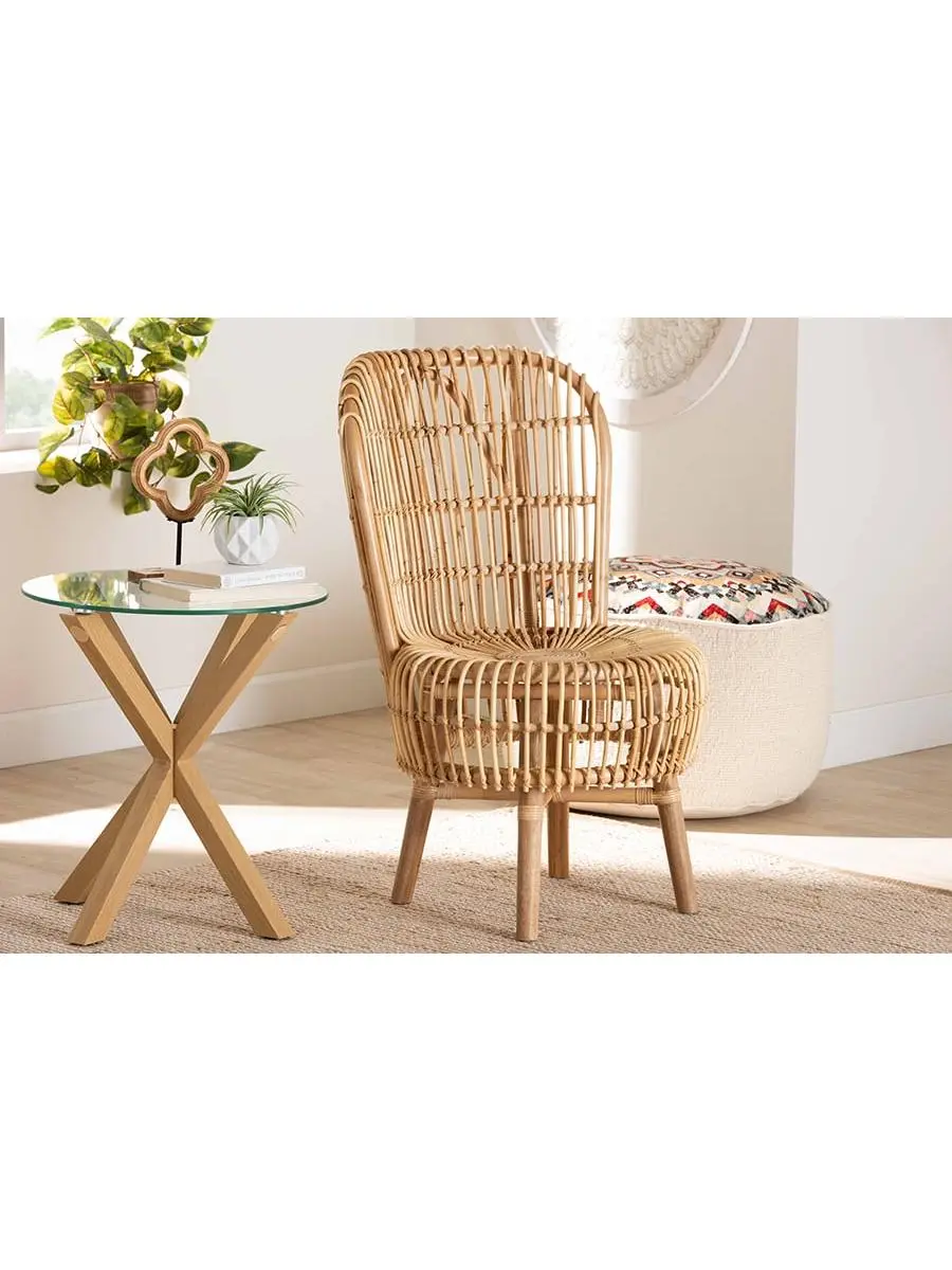 212 MAIN Single-Seat Tall Lounge Chair - Modern Bohemian Indoor Rattan Wicker Furniture with Curved Back, Openwork Weave, and Rattan Lattice Design