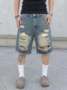 Men's Vintage Washed Multi-Layer Ripped Jean Denim Shorts, Summer Frayed Loose Fit Five-Quarter Pants, Streetwear Y2K Post-Apocalyptic Style