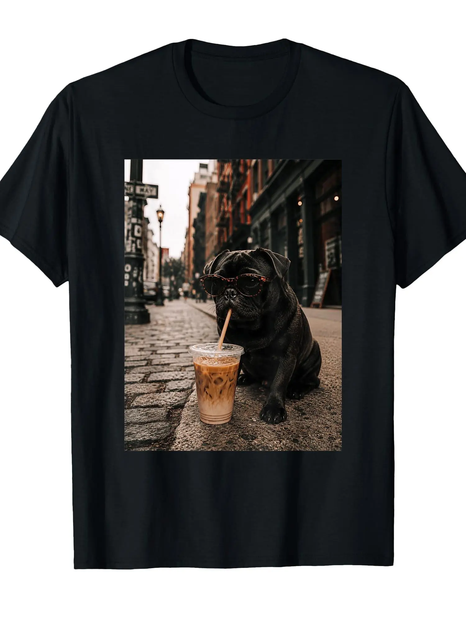 Men'S And Women'S Black Pug Drinking Iced Coffee F unisex soft cotton short sleeve t shirt, vintage graphic casual tee for men women teens, perfect birthday holiday gift for camping travel gym daily street casual wear