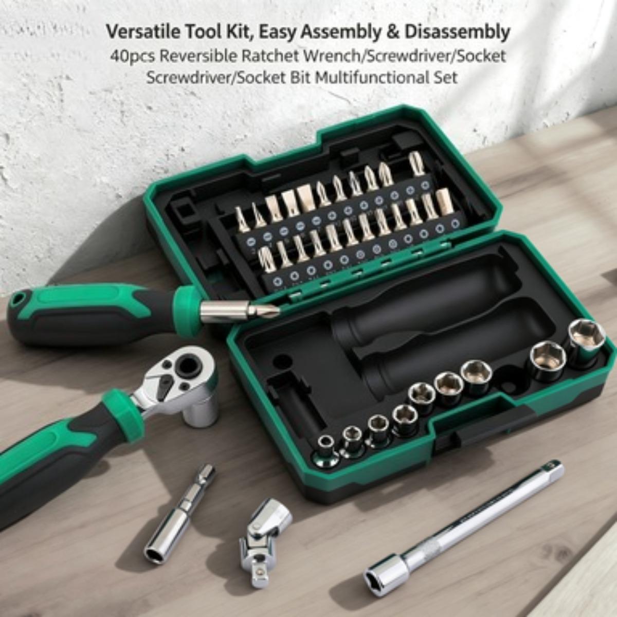 40-Piece All-in-One Socket & Screwdriver Bit Set, High-Torque Ratchet Wrench Tool Kit for Home, Garage, Auto Repair Magnetic Rotary car Removal Portable