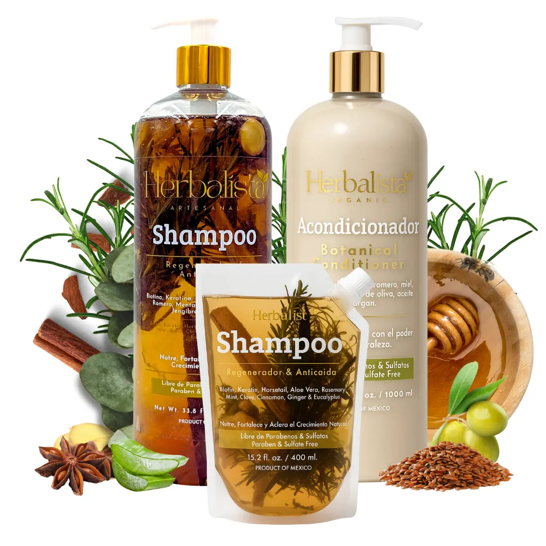 Herbalista Viral 3 Pack Herbal Hair Care Bundle – Shampoo + Conditioner 1000ml (33.8 fl oz) Each  + Travel Size Shampoo 400ml – With Real Botanicals – Paquete de 3 Piezas Shampoo + Acondicionador + Pouch Shampoo – 100% Natural & Handcrafted