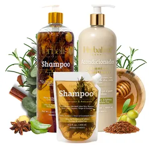 Herbalista Viral 3 Pack Herbal Hair Care Bundle – Shampoo + Conditioner 1000ml (33.8 fl oz) Each  + Travel Size Shampoo 400ml – With Real Botanicals – Paquete de 3 Piezas Shampoo + Acondicionador + Pouch Shampoo – 100% Natural & Handcrafted