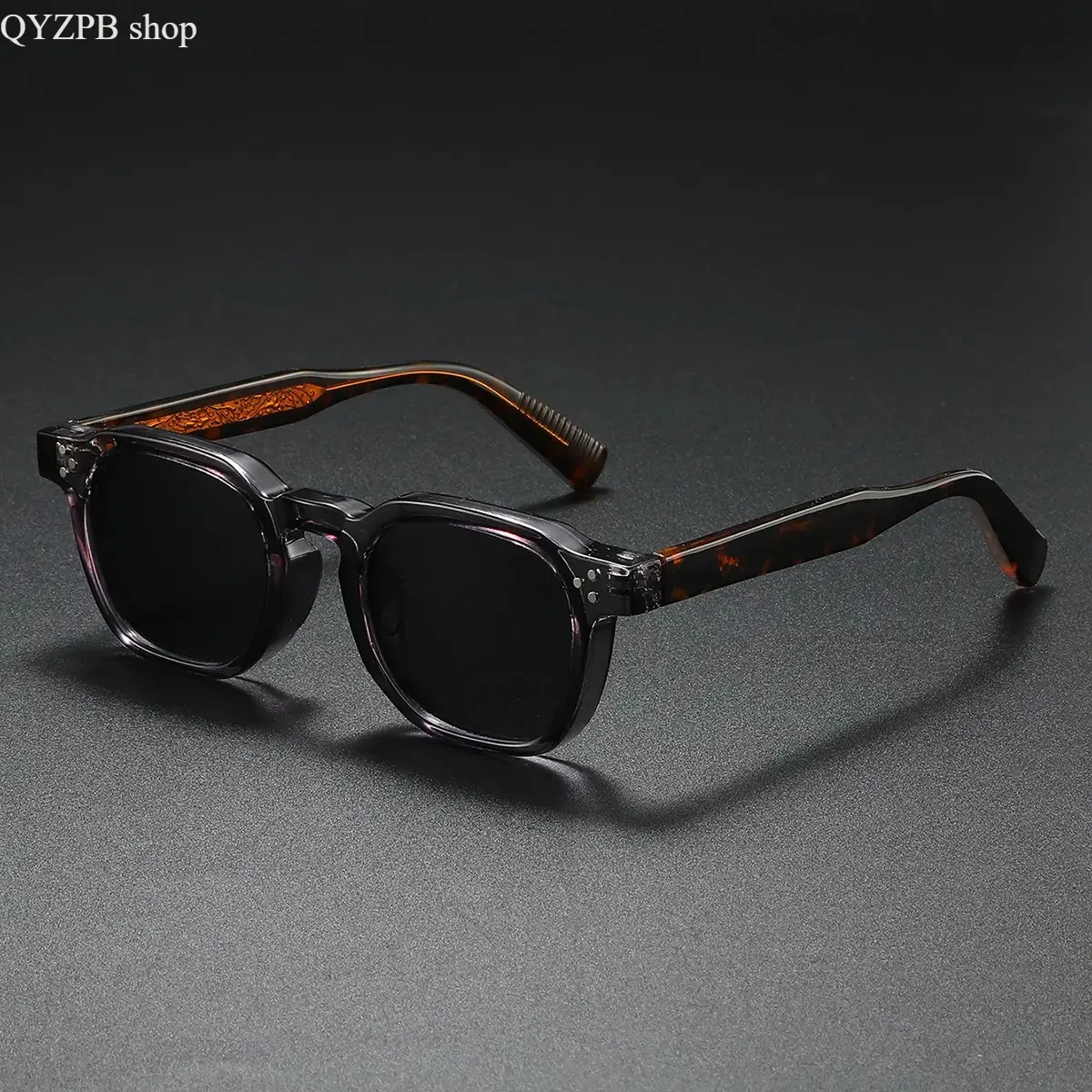 Unisex Vintage Square Sunglasses - Retro Transparent Gray Frame, Tortoise-Patterned Temples, Black UV400 Lenses, Smart-Casual Aesthetic Shades for Driving, Beach, Statement Frame Glasses, Beachy Men's Sunglasses, Detailed Tortoise Pattern