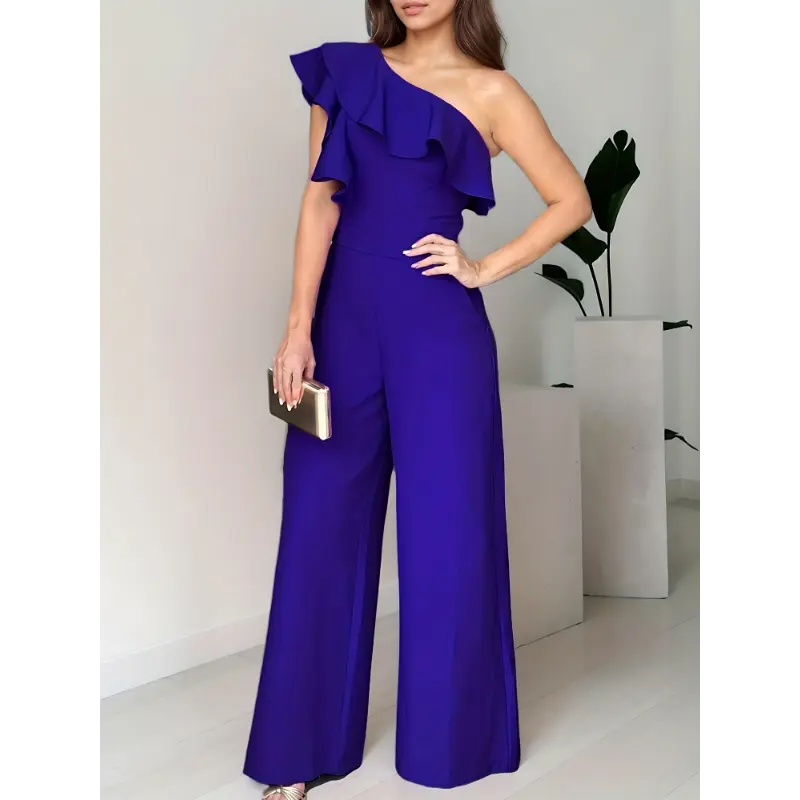 Women's One-Shoulder Ruffle Jumpsuit High Waist Loose Fit Solid Color Spandex Comfortable for Spring Summer Fall