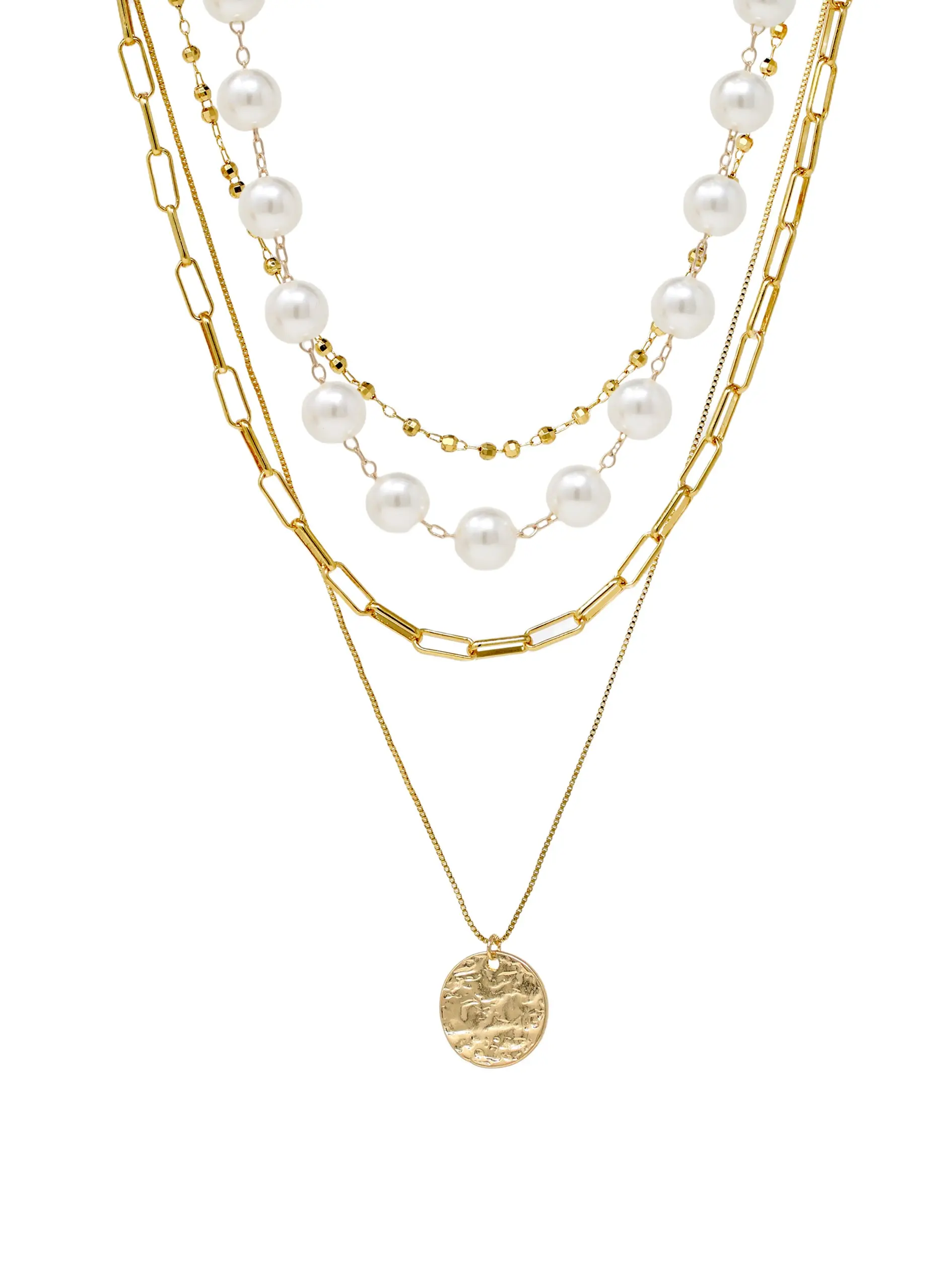 Bauble Sky 4-Layer Pearl & Gold Charm Necklace - Elegant Design with Pearl Accents and Gold Charms