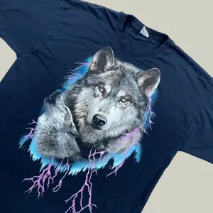 Vintage 90s Wolf Lightning Graphic Tee, Retro Black Nature Biker Motorcycle Thunder T-Shirt