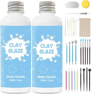 2 x 100ml Air Dry Clay  and 29 count Clay Tools Kit, Gloss Airdry Varnish Protects Pottery from Surface Wear, Pottery Tools Can be  for Stippling, Carving, Molding(Gloss+Matte)