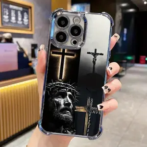 The Holy Cross Pattern Four Corner Anti-Fall Phone Case Transparent Electroplated Protective Cover for IPhone 16 Pro Max 15 Plus 14 13 12 11 E