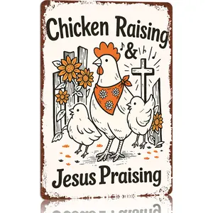 Chicken Raising Jesus Praising Funny Aluminum Sign, Vintage Farm Chicken Coop Decor, Kitchen/Garden/Yard Wall Art, 8x12 Inch Rustic Farmhouse Design Decorative