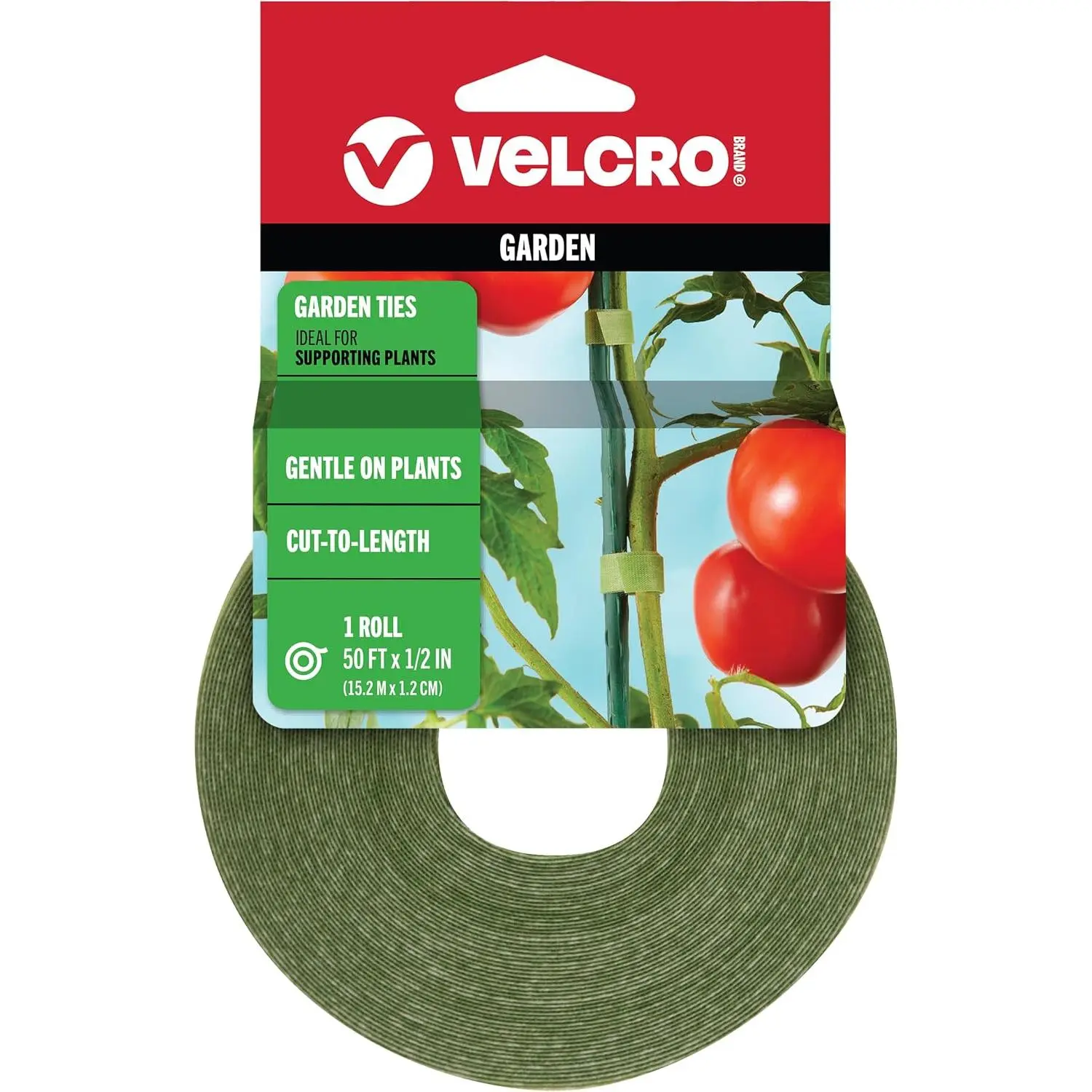 VELCRO Brand VEL-30071-USA 1-WRAP Eco-Friendly Garden Ties, 65% Recycled Plastic Plant Supports, Gentle on Indoor & Outdoor Plants, Reusable Adjustable Grips, Cut-to-Length 50 ft x 1/2 in Green Organizers for Garden Tools