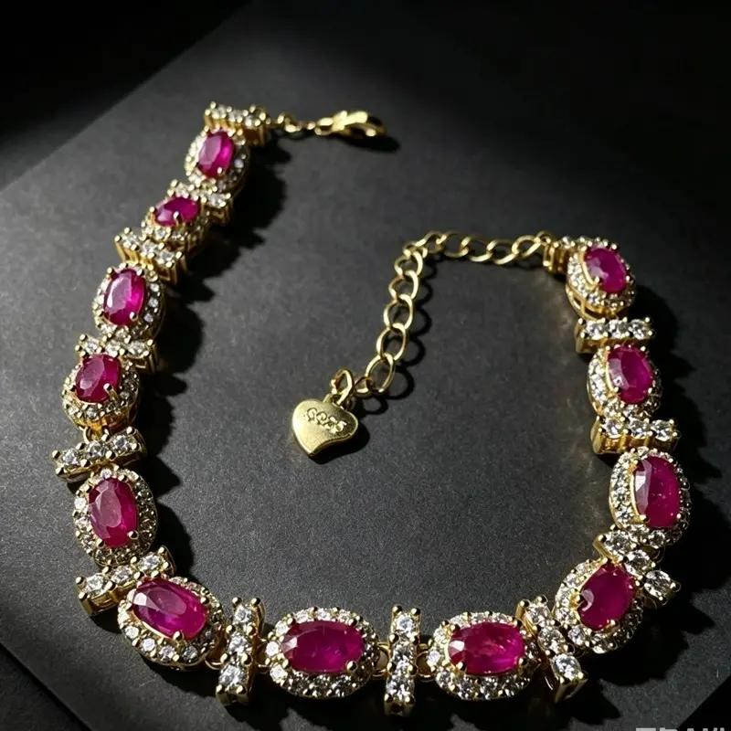 <PingEast jewelry >Ruby Bracelet 10--925 Sterling Silver Bracelet in Gold Tone, with 12 Natural Untreated High-Fire Burmese Pink Rubies (3×5mm), accented with vertical Moissanite bars. Length 17cm + 5cm extension chain. Comes with Certificate
