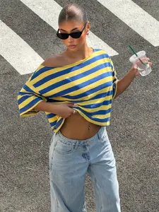 Women's Yellow Blue Striped Off-Shoulder Oversized Tee / Loose Fit, Retro Casual Style, Sizes XS-L for Daily & Street Wear