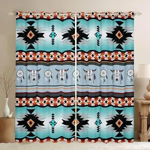 Western Boho Blackout Curtains,Cow Dream Catcher Curtains,Southwestern Curtains,Ethnic Tribe Arrow Aztec Window Curtains,Longhorn Skull Bohemian Green