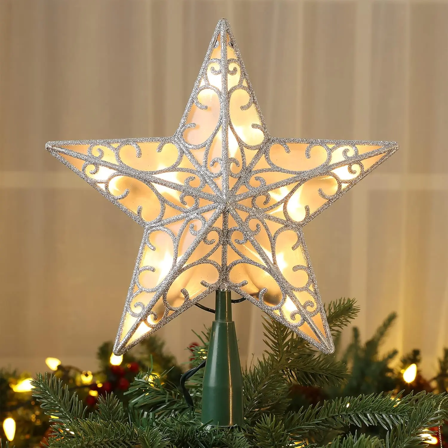 Star Christmas Tree Topper, 9.5in UL Certified 3D Star Tree Topper Lights, Double Sided Christmas Tree-top with 10 Count Incandescent Warm White Lights for Xmas Tree New Year Home, Silver