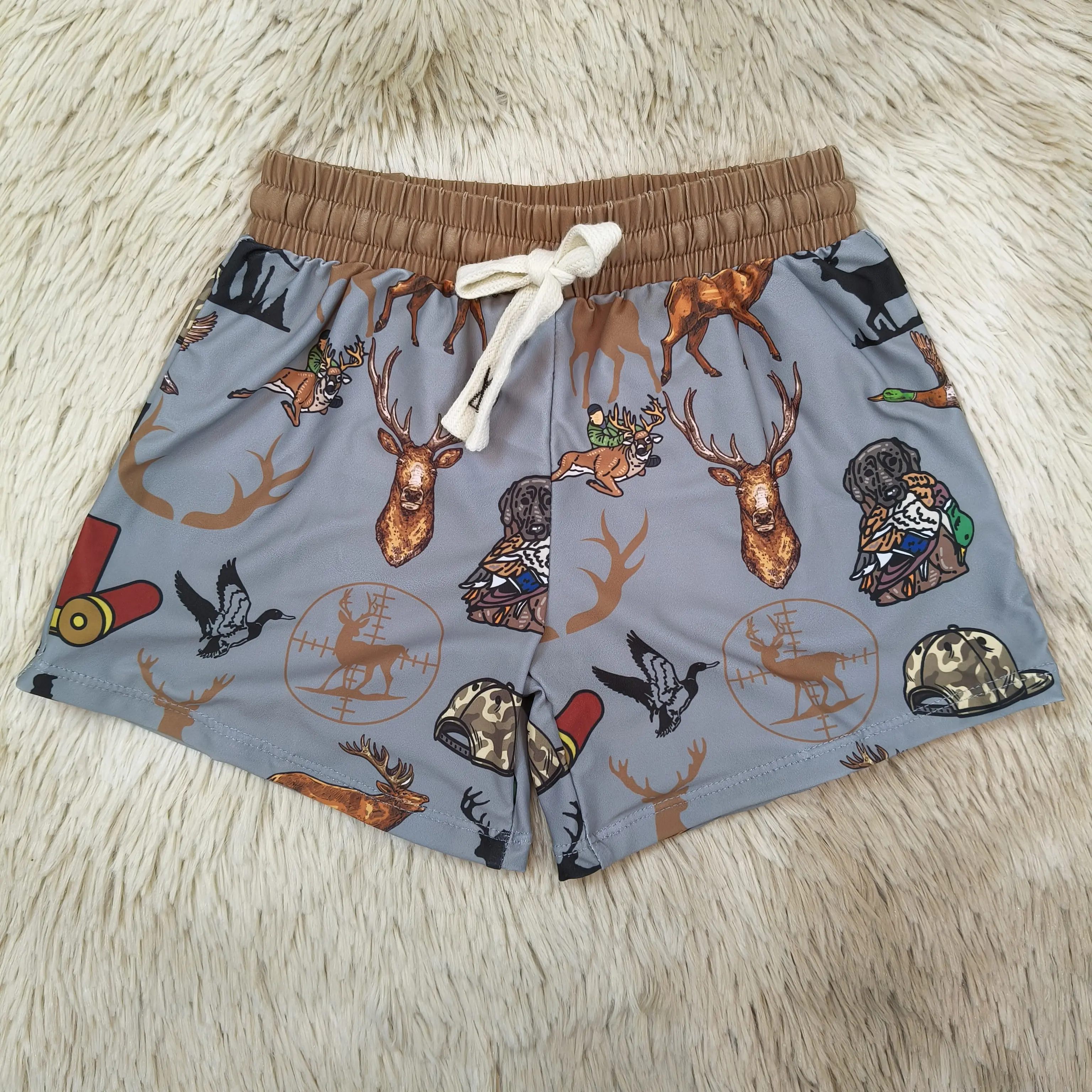 Boys' Child-Sized Playful Beach Swimsuit Shorts, Elastic Waist, Duck Pattern, Hunting-Deer Printed Drawstring Summer Bottoms
