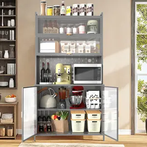 ARCH 73'' Tall Kitchen Pantry Cabinet , 6 Level Flip Door with Pegboard Spacious, Adjustable & Stylish Metal Pantry Storage Cabinet, Anti-Tip Design Hutch for Kitchen, Dining Room, Living Room(Grey)
