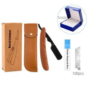 Straight Razor for Men Wooden Handle Folding Razor Kit with 100 Half Blades Leather Case Blade Disposal Box Manual Barber Razor Daily Durable Storage