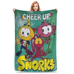 Vibrant cartoon Snorks character printed flannel blanket, suitable for sleeping, traveling or camping, a great gift for friends or partners, snack blanket, plush quilt, holiday gift, tangy Nacho print flannel blanket Intense