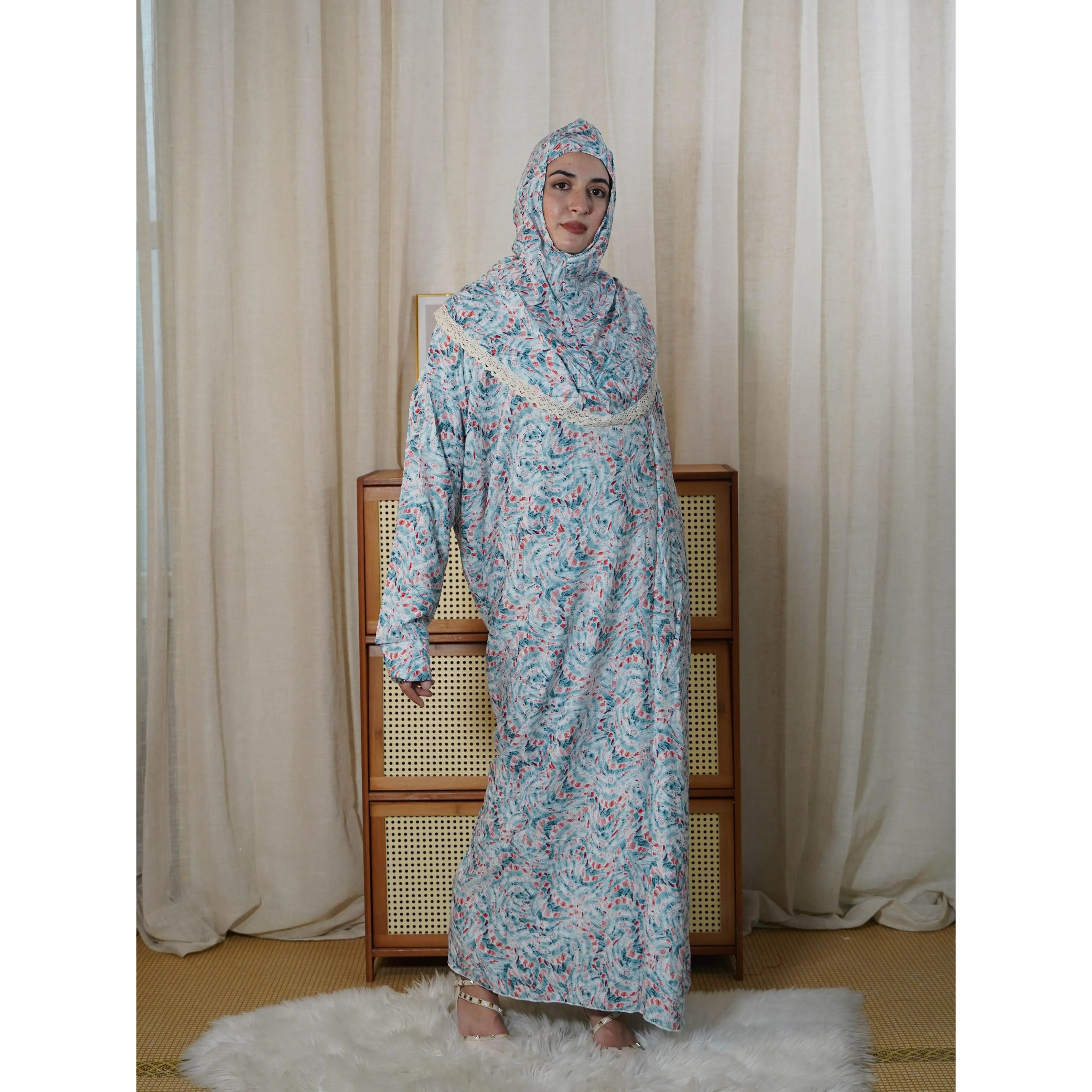 Elegant Floral Print Lace-Trimmed Hooded Prayer Dress for Muslim Women - Long Sleeve, Ankle-Length, Rayon Fabric, Machine Washable