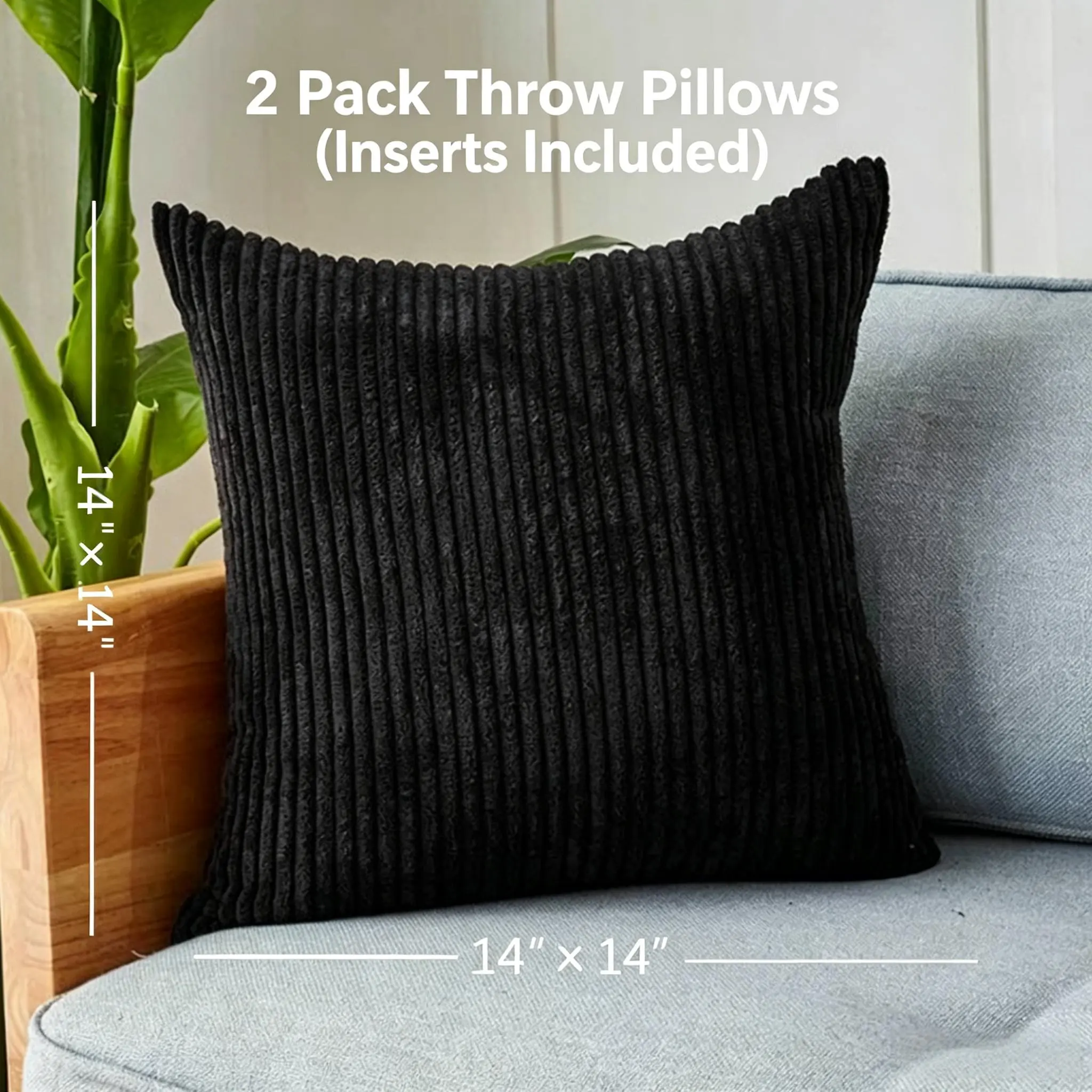 Striped Corduroy Throw Pillows Set of 2, 14×14 in Square Modern Vertical Stripes Decorative Cushions with Inserts, Soft Scratch-Resistant for Children, Sofa Couch Bed