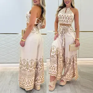 Women's 2-Piece Set Tribal Print Keyhole Neck Sleeveless Top Wide-Leg Tie-Slit Long Pants Set Suit Fashion Chic Womenswear
