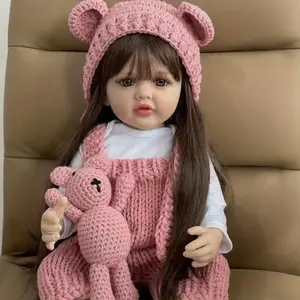 22Inch Reborn Doll realistic princess doll with long hair - Soft vinyl, full body resurrection girl with accessories Pink overalls, cute appearance - Can sit or stand - Great for birthdays, Christmas gifts and collectors