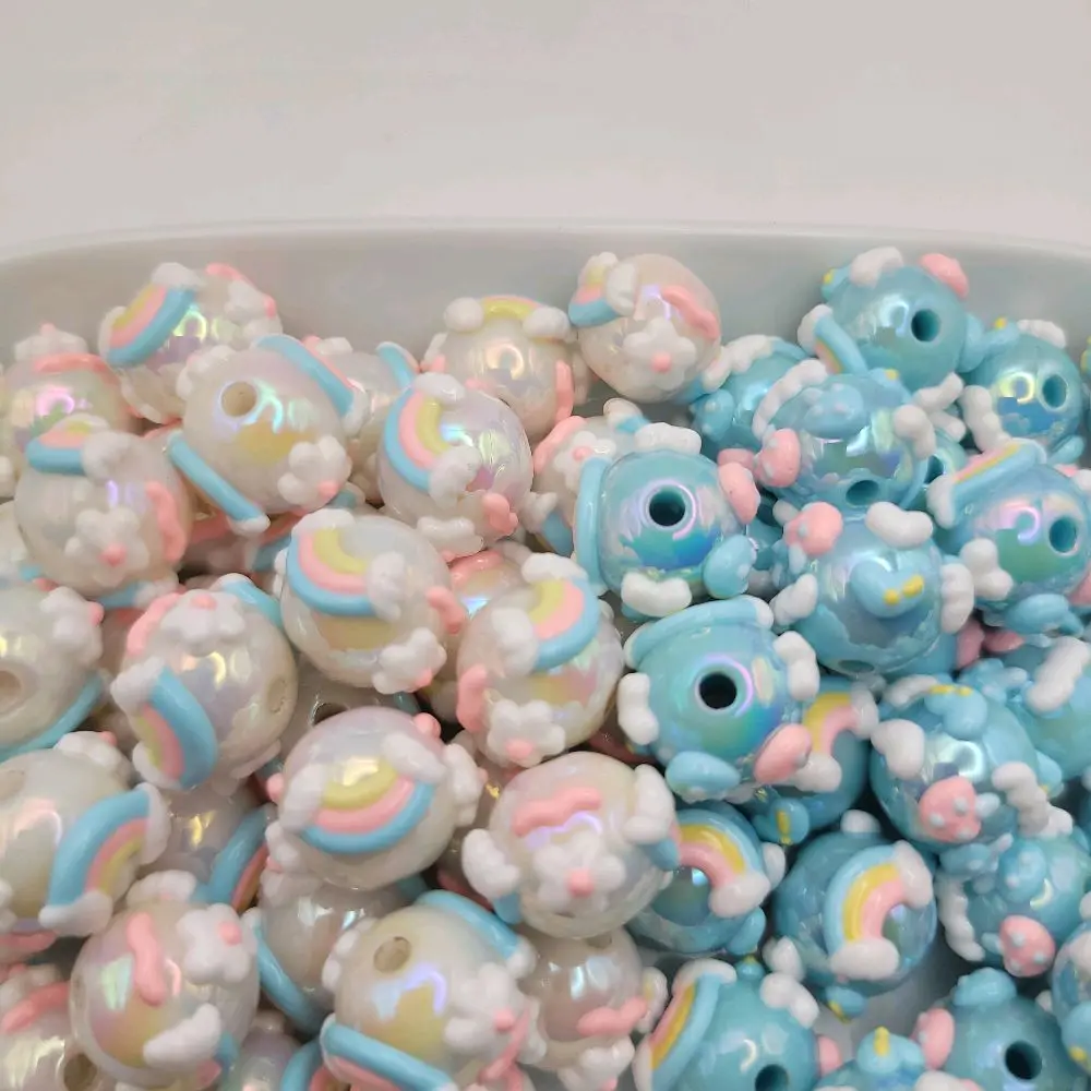 17mm Hand-Painted Beads, Rainbow and Flowers Design, Pack of 10 DIY Craft Kit Beads for Keychain Crafting, Key Charm Accessories, Jewelry Making, Bracelet Projects, 17Mm To 19Mm Widest Part, 3.2Mm