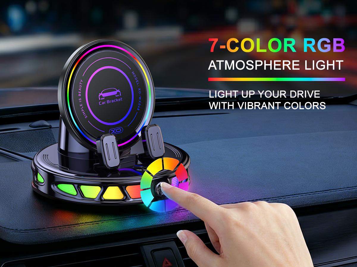 15W 360° Rotating Wireless Car Charger Phone Mount with Ambient RGB Light, Adjustable Suction Cup Holder for Dashboard & Windshield