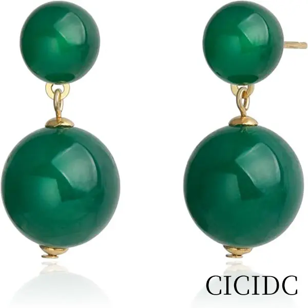 Handmade Natural Jade Double Round Beads Dangling Drop Earrings for Women
