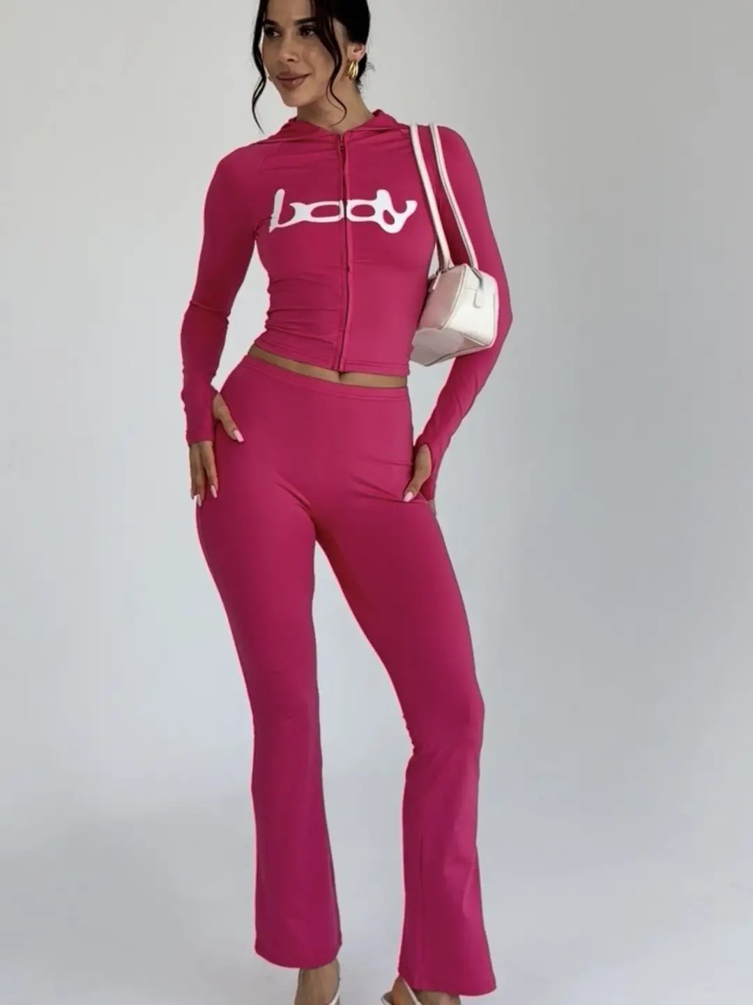 Women's 2-Piece Fitted Zip-Up Hoodie & Flared Legging Set, Lightweight Polyester Long Sleeve Casual Comfortable Everyday Womenswear Suit