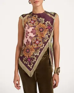 Boho Floral Print Asymmetric Tassel Trim Scarf Top