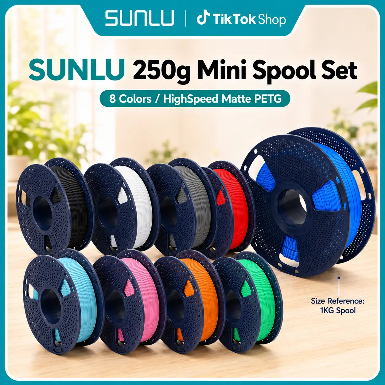 SUNLU 2 kg Compact Mini Set 3D Printer Filament Bundle (8 Rolls, 0.25KG Each), Vibrant Colors, High-Speed Low-Warpage Matte PETG, 1.75±0.02mm, Eco-Friendly Safe, AMS Compatible, No Waste (Black, White, Grey, Red, Sky Blue, Pink, Orange, Mint Green)