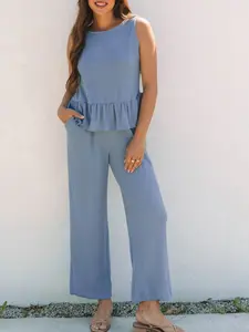 Women's Casual Solid Color Ribbed Ruffle Tank Top and Pockets Pants Set, Sleeveless High Waist Two-Piece Set, All Seasons Fashion