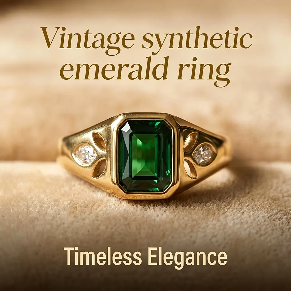 Vintage emerald-cut synthetic emerald signet ring, 14K gold-plated openwork leaf-shaped ring with side-set synthetic cubic zirconia, vintage luxury jewelry suitable for both men and women.