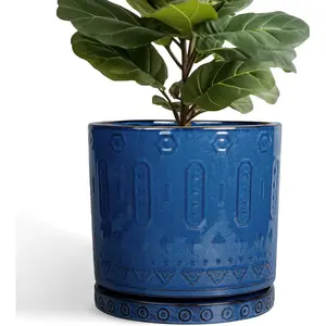 12 Inch Pot for  - Ceramic Planter for Indoor  Large  Pot with Drainage Holes and  Outdoor Flower Pot Decorative Round Planter for Porch Office Decor Blue
