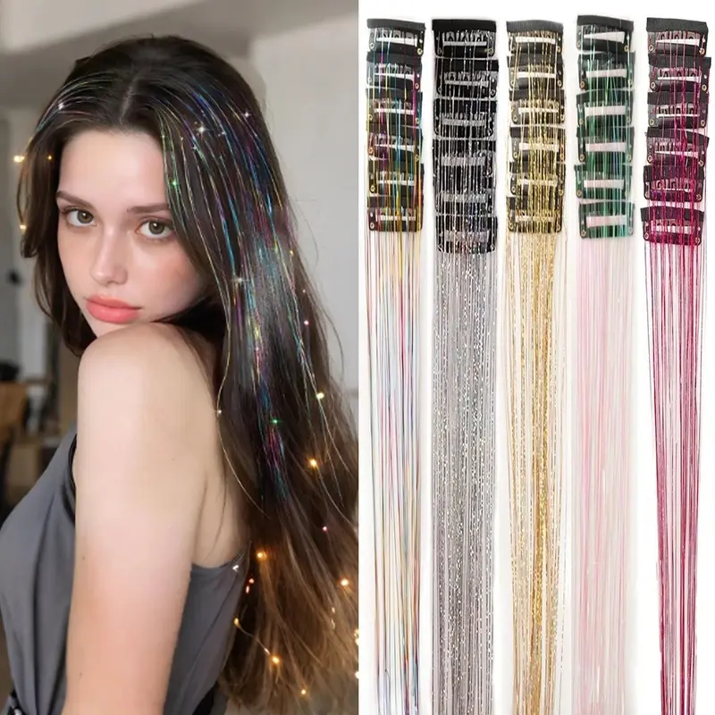2026 New 12Pcs Synthetic Hair Tinsel Clip in 20Inch Glitter  Tinsel Hair Clip in Hair Tinsel Kit Heat Resistant Shiny Sparkle Fairy Hair